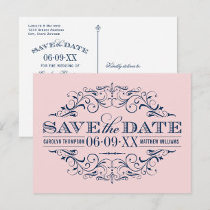 Vintage Pink Navy Flourish Wedding Save the Date Announcement Postcard