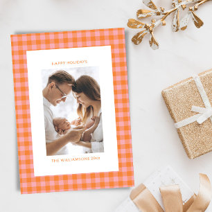 Vintage Pink Orange Plaid Cute Fun Vertical Photo  Holiday Card