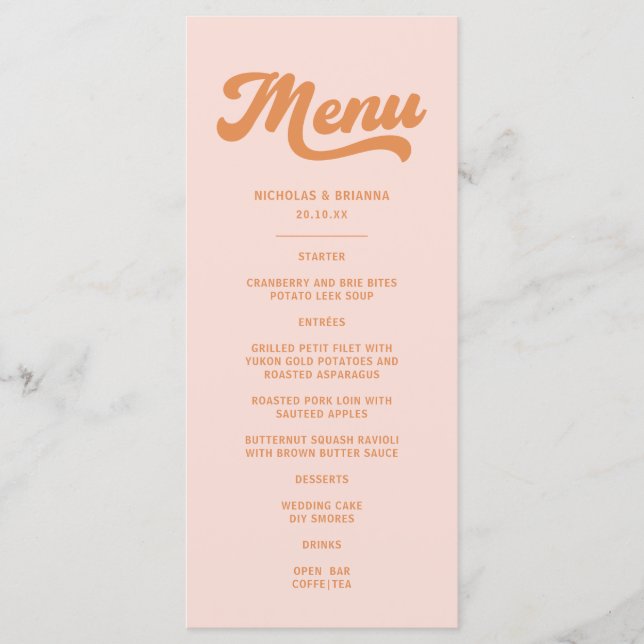 Vintage Pink Orange Retro Wedding  Menu (Front)