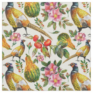 Vintage pink orange yellow birds roses flowers fabric