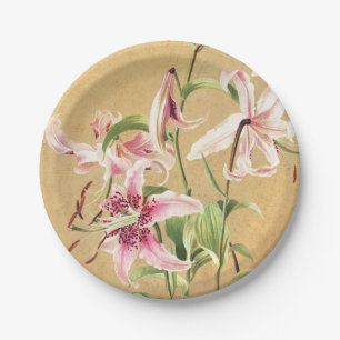 Vintage Pink Oriental Lily Botanical Flower Art Paper Plate