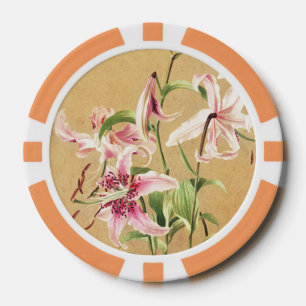 Vintage Pink Oriental Lily Botanical Flower Art Poker Chips