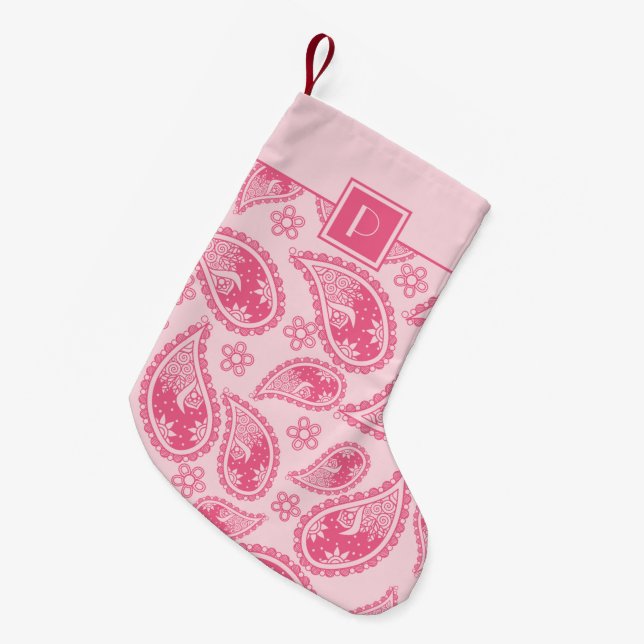 Vintage Pink Paisley Pattern Monogram Small Christmas Stocking (Front (Hanging))