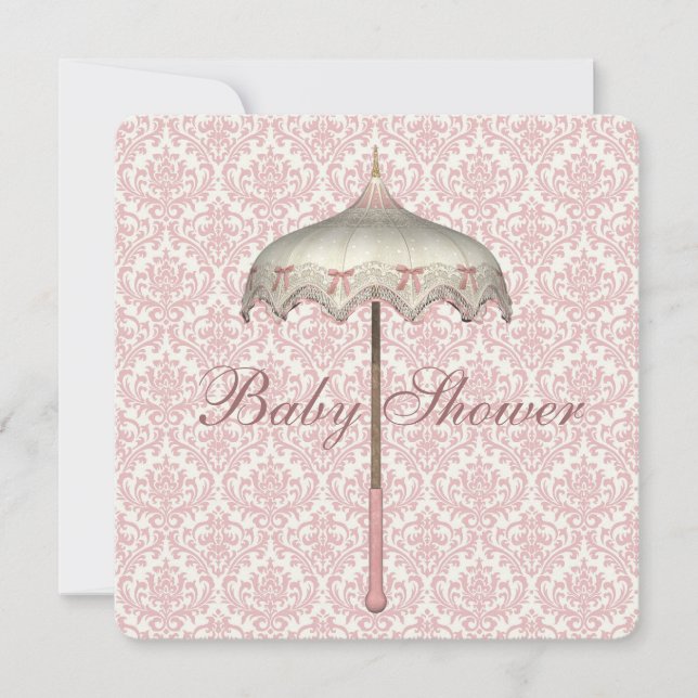 Vintage Pink Parasol Umbrella Baby Girl Shower Invitation (Front)