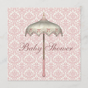 Vintage Pink Parasol Umbrella Baby Girl Shower Invitation