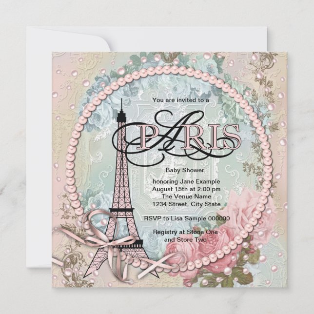 Vintage Pink Paris Baby Shower Invitations (Front)