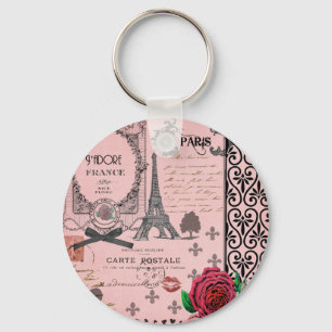 Vintage Pink Paris Collage Key Ring