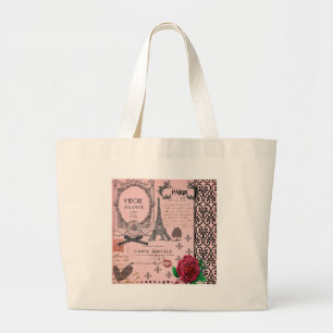 Vintage Pink Paris Collage Large Tote Bag