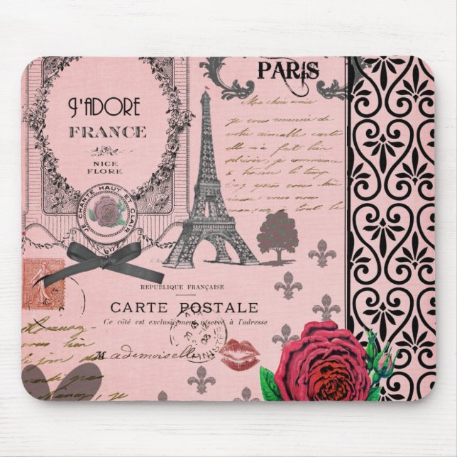Vintage Pink Paris Collage Mouse Mat (Front)