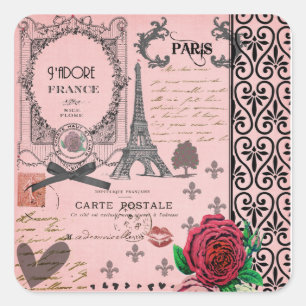 Vintage Pink Paris Collage Square Sticker