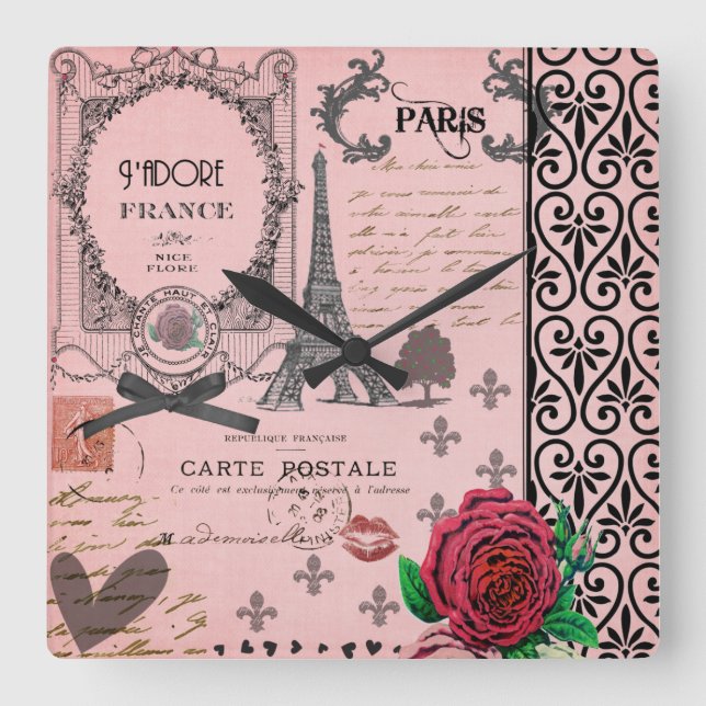 Vintage Pink Paris Collage wall clock (Front)