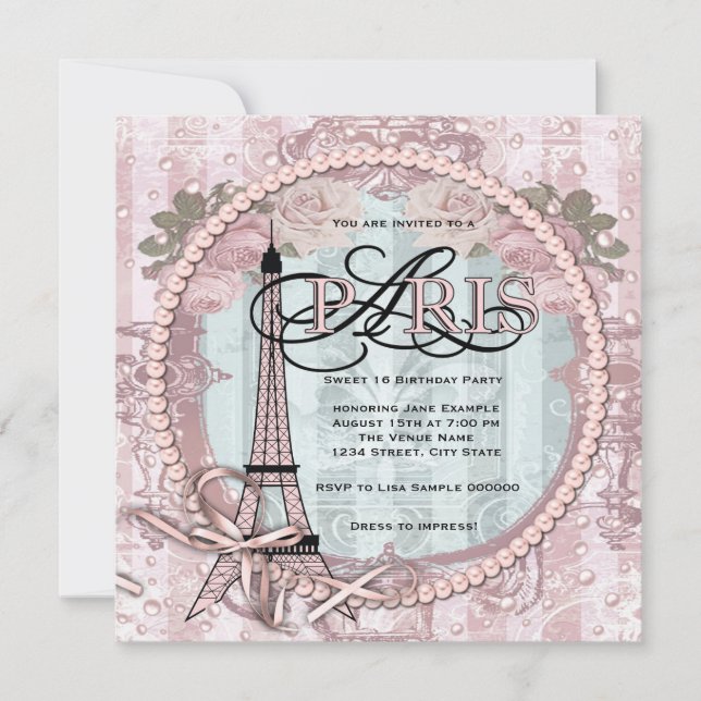 Vintage Pink Paris Sweet 16 Birthday Party Invitation (Front)