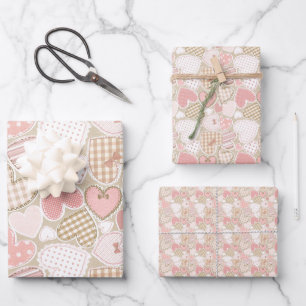 Vintage Pink Patchwork Hearts Crafts Theme Wrapping Paper Sheet