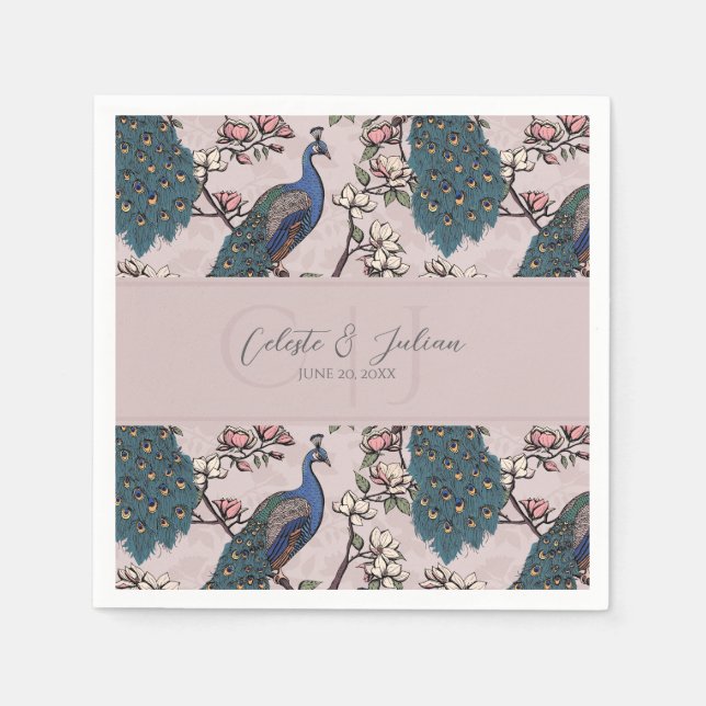Vintage Pink Peacock Chinoiserie Pattern Napkin (Front)