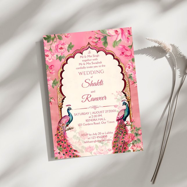 Vintage pink peacocks Indian wedding Invitation (Vintage pink peacocks arch frame Indian wedding Invitation editable template instant download)