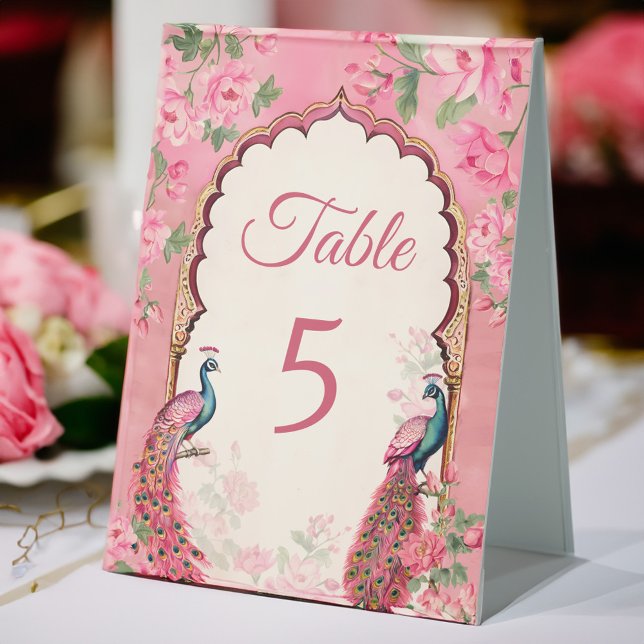 Vintage pink peacocks Indian wedding table numbers (Vintage pink peacocks Indian wedding table numbers Table Tent Sign personalized table decor)
