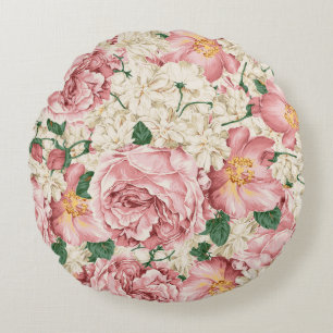 Vintage Pink Peonies and Ivory Hydrangeas Pattern Round Cushion