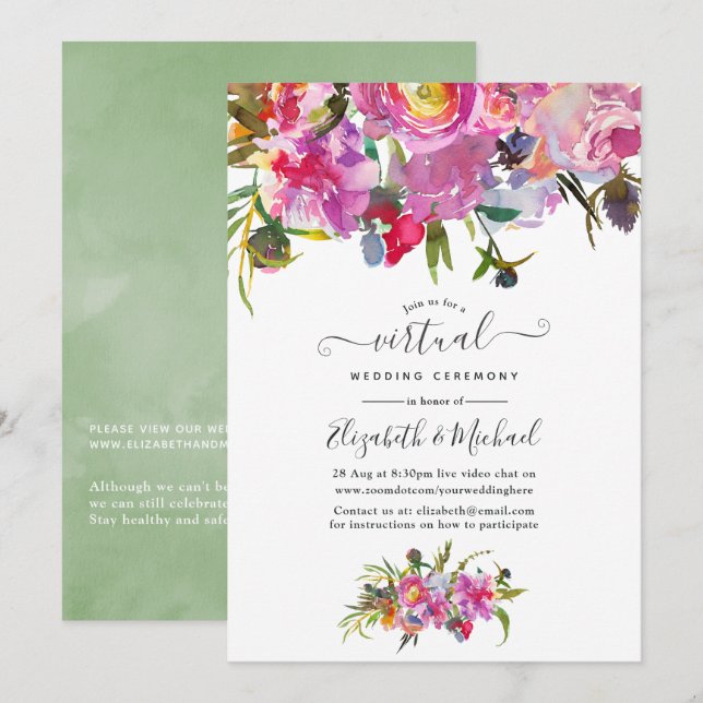 Vintage Pink Peonies Floral Virtual Wedding Invitation (Front/Back)