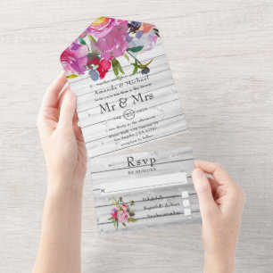 Vintage Pink Peonies Rustic Floral Garden Wedding All In One Invitation