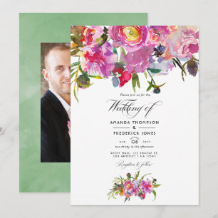 Vintage Pink Peonies Watercolor Wedding Photo Invitation