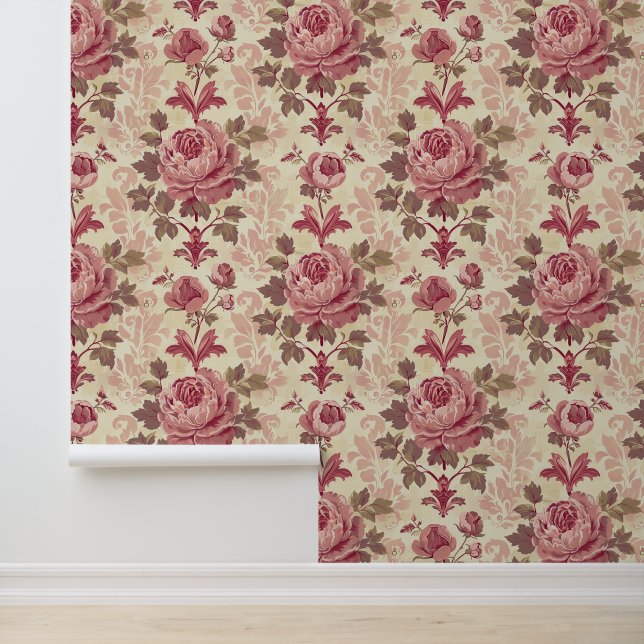Vintage pink peony blossom & petals classic flower wallpaper (Application)