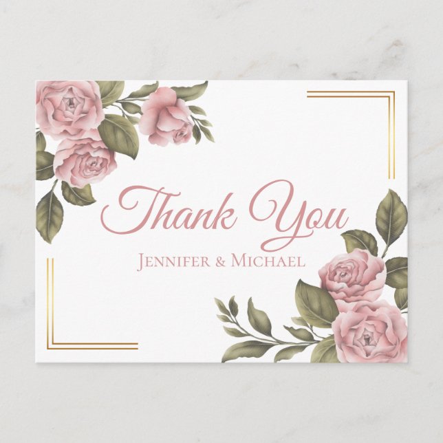 Vintage Pink Peony Elegant Wedding Thank You Postcard (Front)