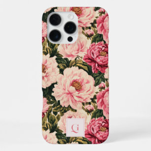 Vintage Pink Peony Floral Monogram iPhone 16 Pro Max Case