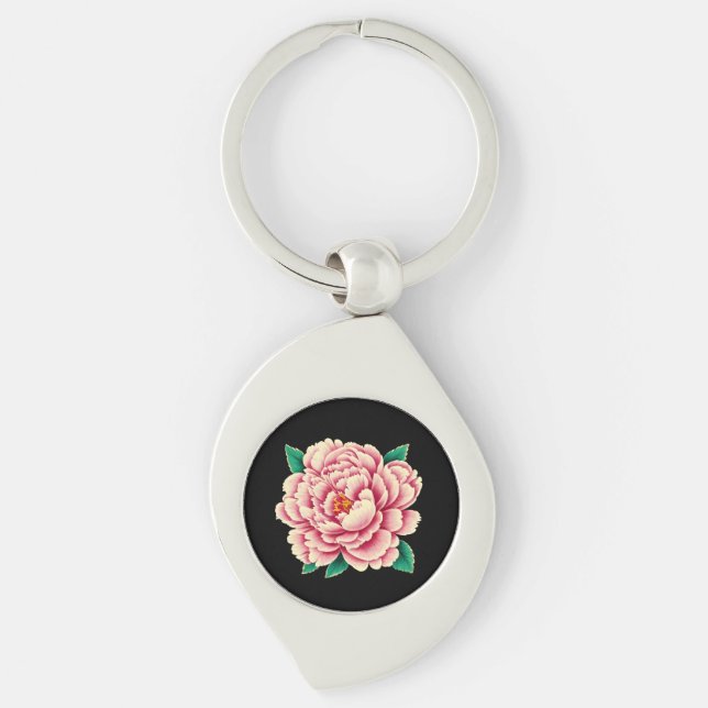 Vintage Pink Peony Flower Key Ring (Front)