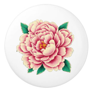 Vintage Pink Peony Flower White Ceramic Knob