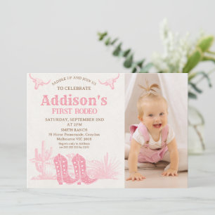 Vintage Pink Photo Cowgirl First Rodeo Birthday Invitation