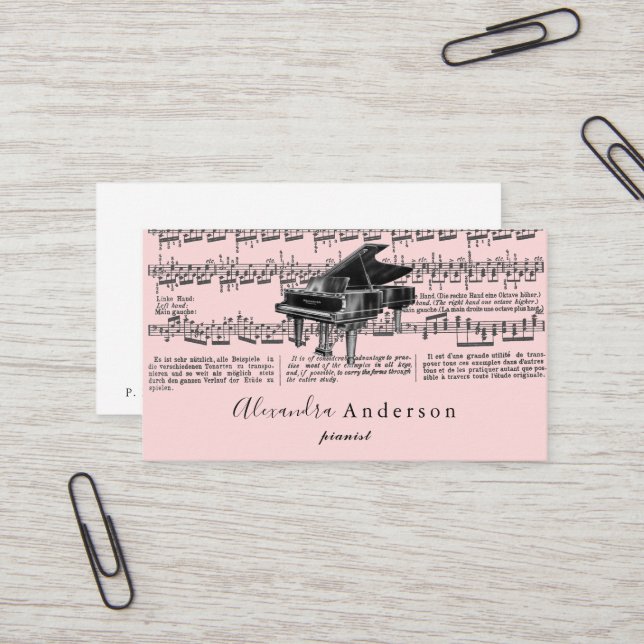 Vintage Pink Pianist Music Teacher Business Card (Front/Back In Situ)