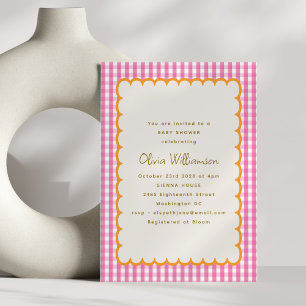 Vintage Pink Plaid Orange Scallop Baby Shower Invitation