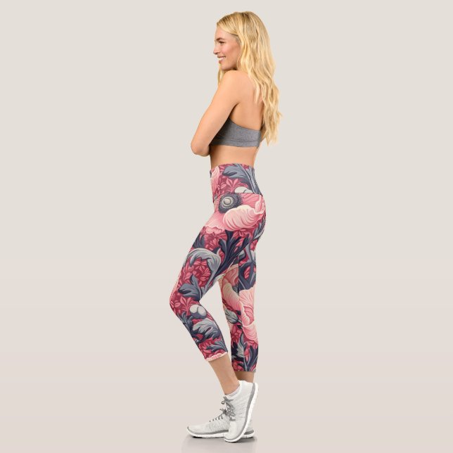 Vintage Pink Poppies Floral  Capri Leggings (Left)