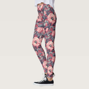 Vintage Pink Poppies Floral  Leggings