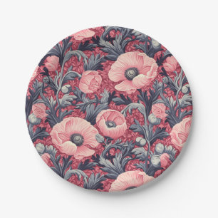Vintage Pink Poppies Floral Paper Plate