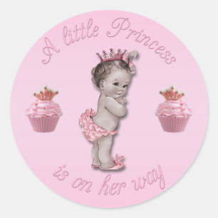 Vintage Pink Princess Baby & Cupcakes Shower Classic Round Sticker