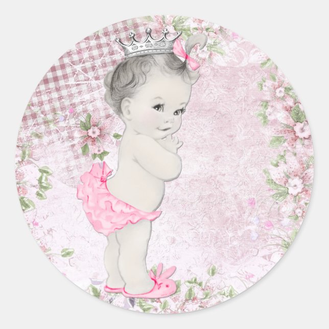 Vintage Pink Princess Baby Shower Stickers (Front)