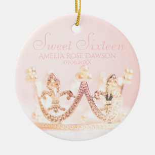 Vintage Pink Princess Crown Sweet Sixteen Party Ceramic Tree Decoration