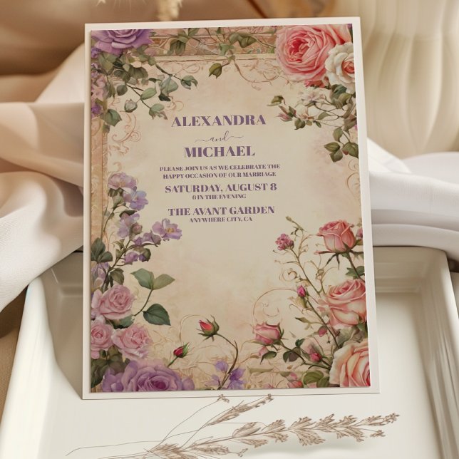 Vintage Pink Purple Roses Floral Wedding Invitation (Creator Uploaded)
