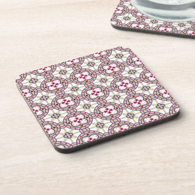 Vintage Pink Red Barcelona Tile Flower Ribbon Coaster (Left Side)
