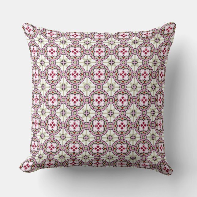 Vintage Pink Red Barcelona Tile Flower Ribbon Cushion (Front)