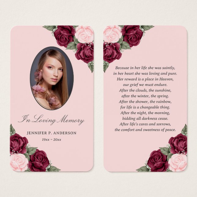 Vintage Pink Red Floral Funeral Prayer Card (Front & Back)