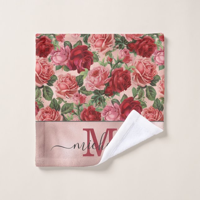 Vintage Pink Red Floral Pink Rose Gold Monogrammed Wash Cloth (Wash Cloth)