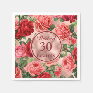Vintage Pink Red Roses 30 and Fabulous Birthday Napkin
