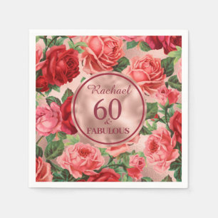Vintage Pink Red Roses 60 and Fabulous Birthday Napkin