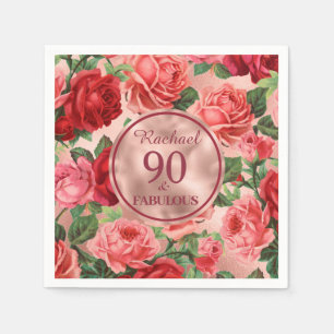 Vintage Pink Red Roses 90 and Fabulous Birthday Napkin