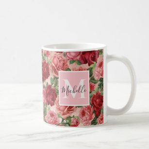 Vintage Pink Red Roses Floral Monogrammmed Coffee Mug