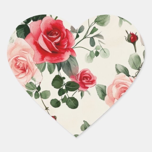Vintage Pink Red Roses Heart Sticker (Front)