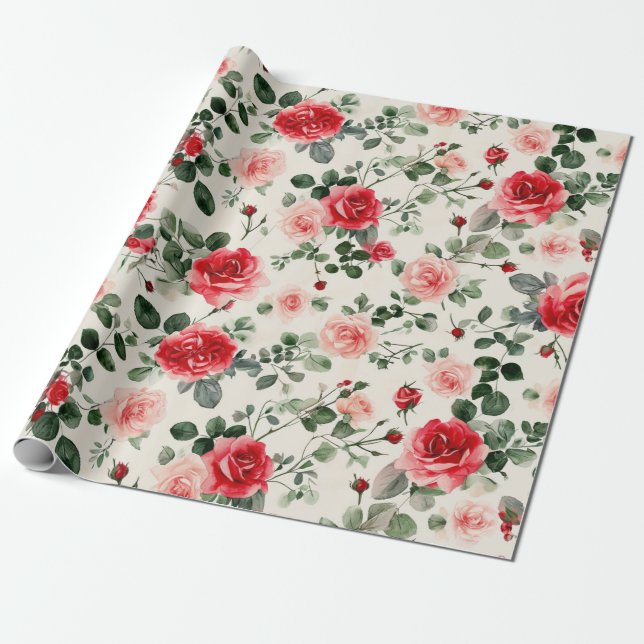 Vintage Pink Red Roses Mother's Day Wrapping Paper (Unrolled)