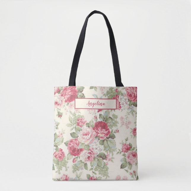 Vintage Pink & Red Roses Personalised Tote Bag (Front)
